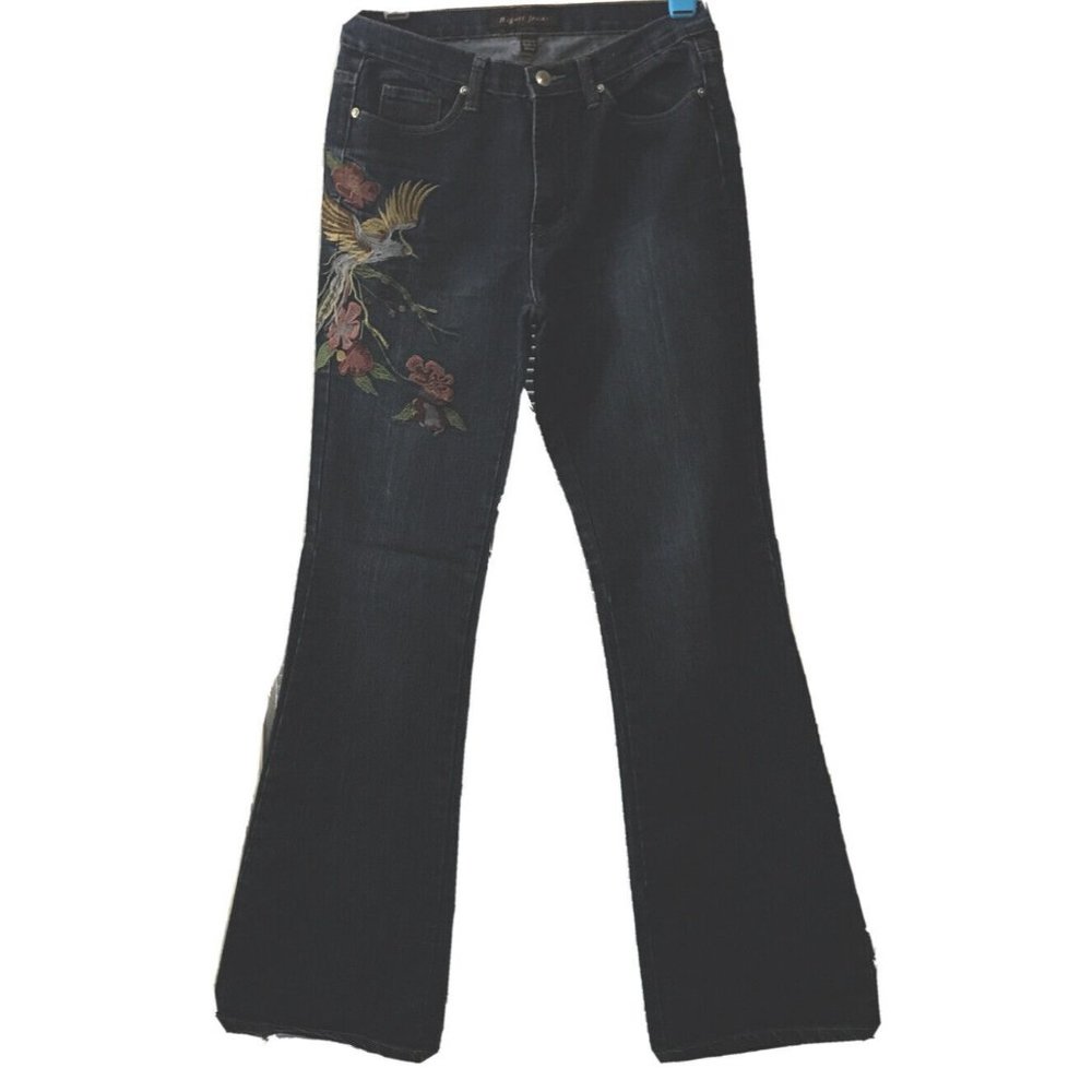 EUC WOMENS Bogari Embroidered Mid Rise Denim Flare Leg Jeans Size 8x33x34